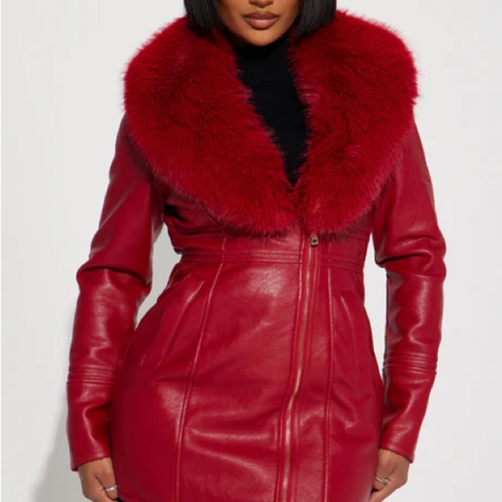 Fashion Nova Red Leather Jacket with Faux Fur Collar